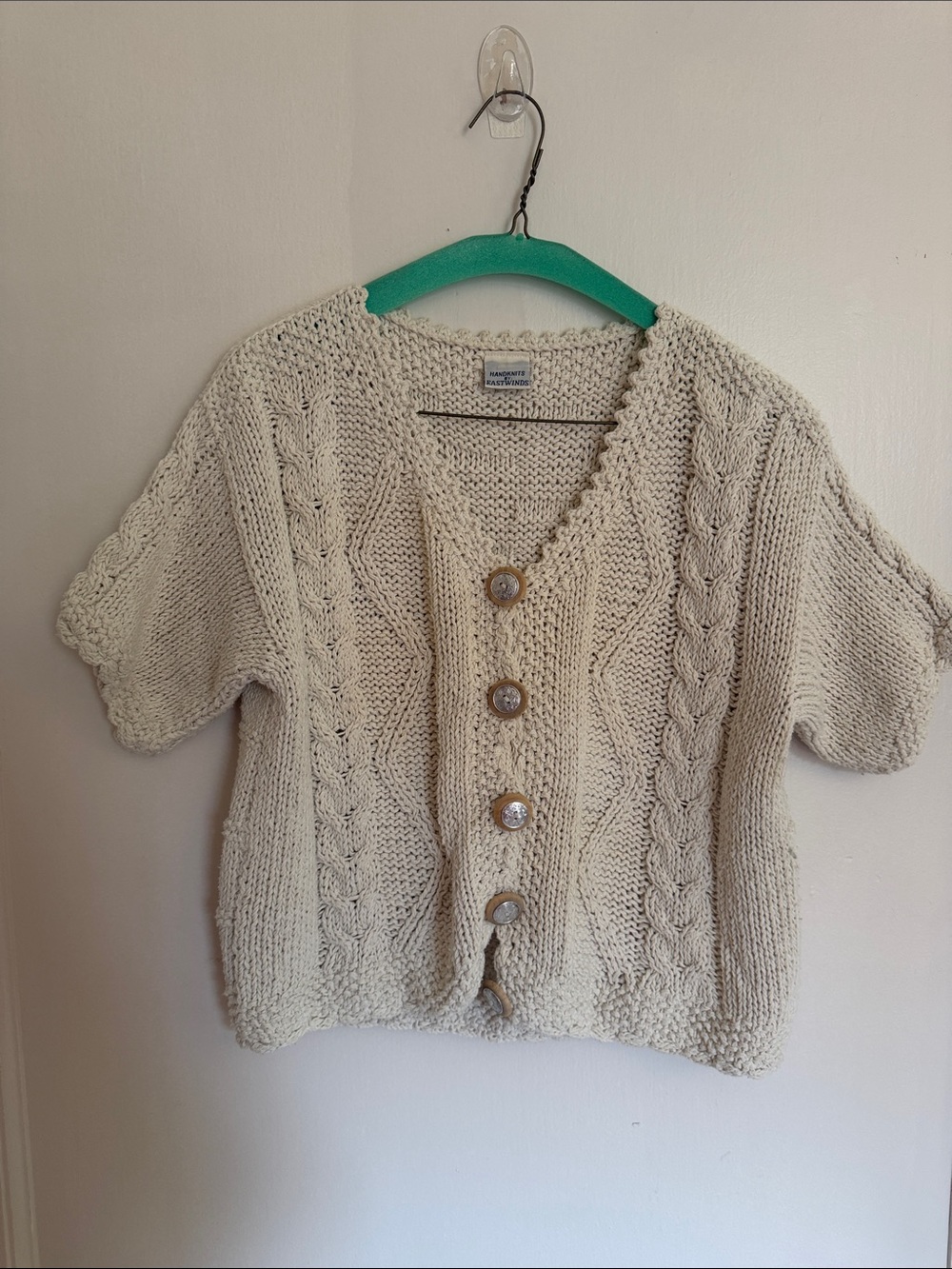 Vintage Handknits By Eastwinds Cotton Crochet Knit Cardigan Sweater Creme White